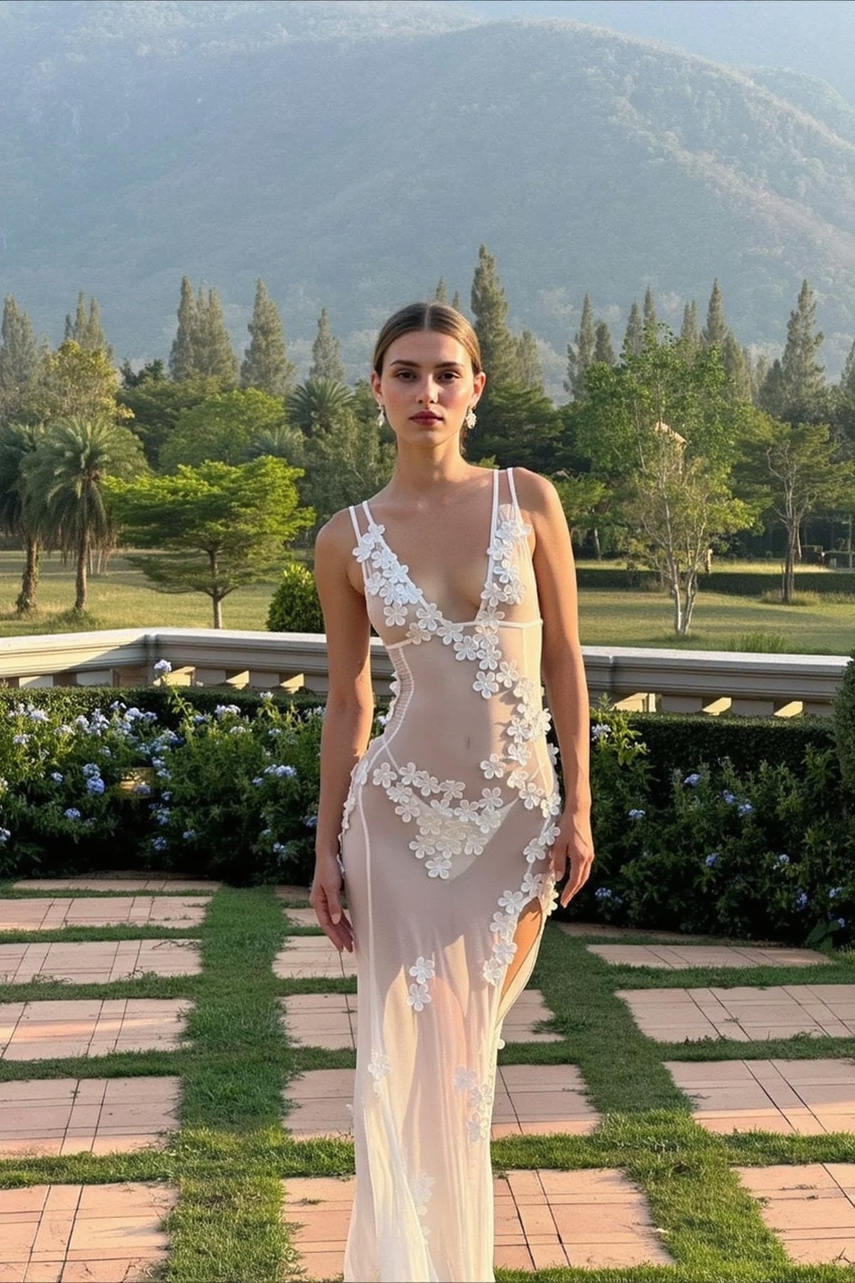 Deep V Mesh Backless 3D Floral Slip Dress Secondary image