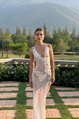 Deep V Mesh Backless 3D Floral Slip Dress