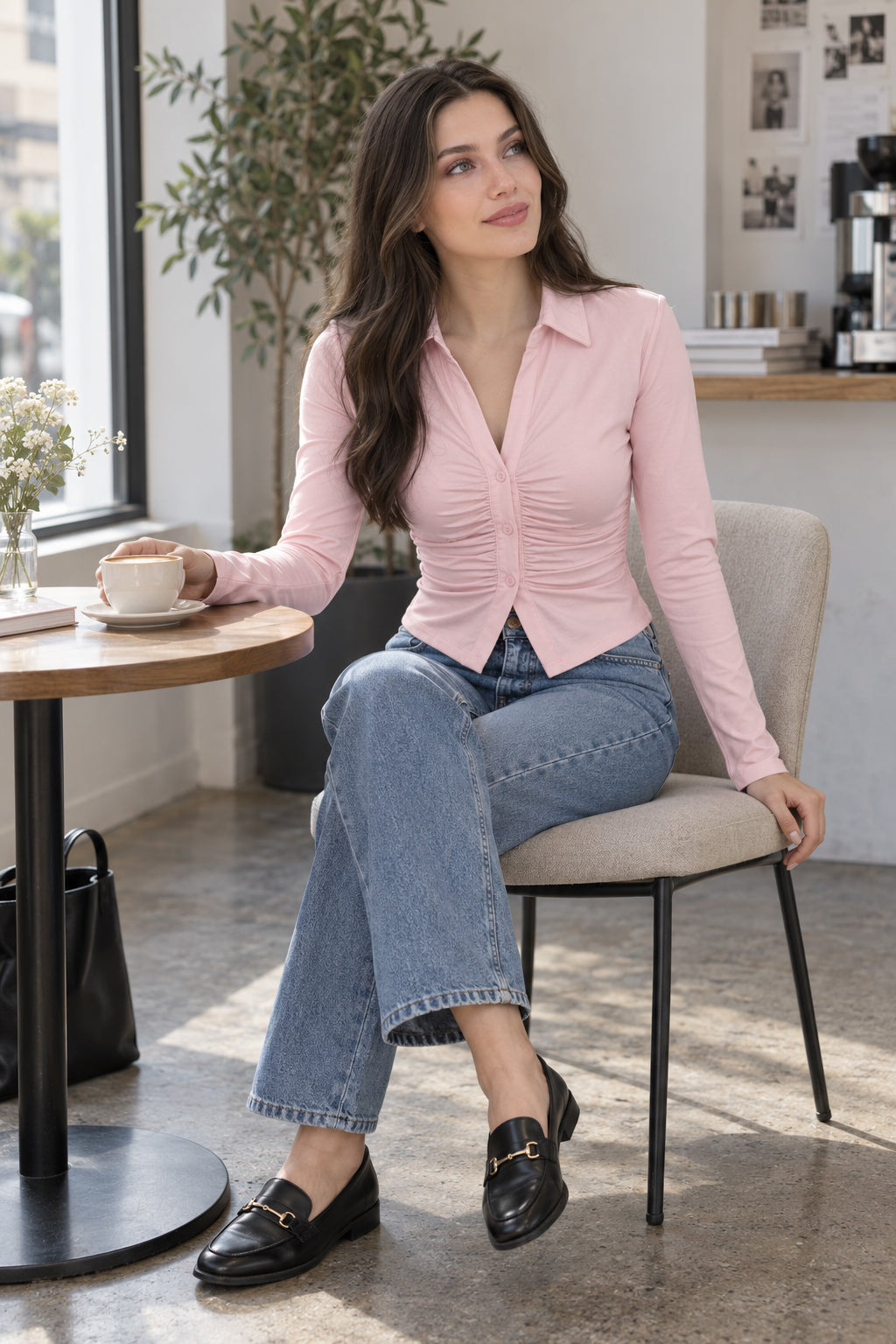 Ruched Front Stretch Fitted Long Sleeve Blouse