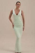 Sleeveless V Neck Ruched Back Slit Bodycon Party Dress