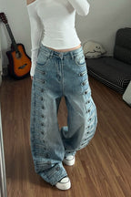 Military Button Wide Leg Barrel Jeans