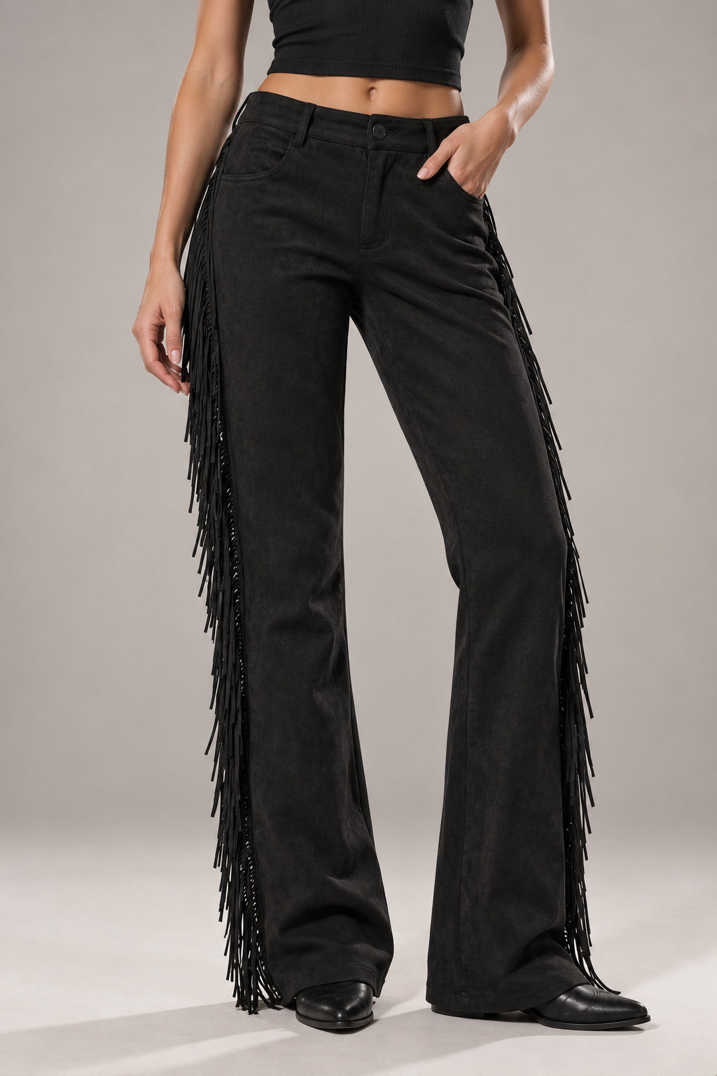 Side Fringe Suede Look Wide Leg Pants