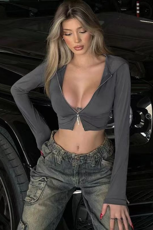 Cropped Fitted Zip Long Sleeve Hooded Sporty Hoodie Secondary image
