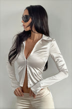 Satin Ruched Front Fitted Long Sleeve Blouse