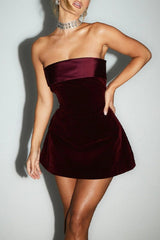 Sexy Slim Strapless Velvet Patchwork Romantic A Line Cocktail Dress