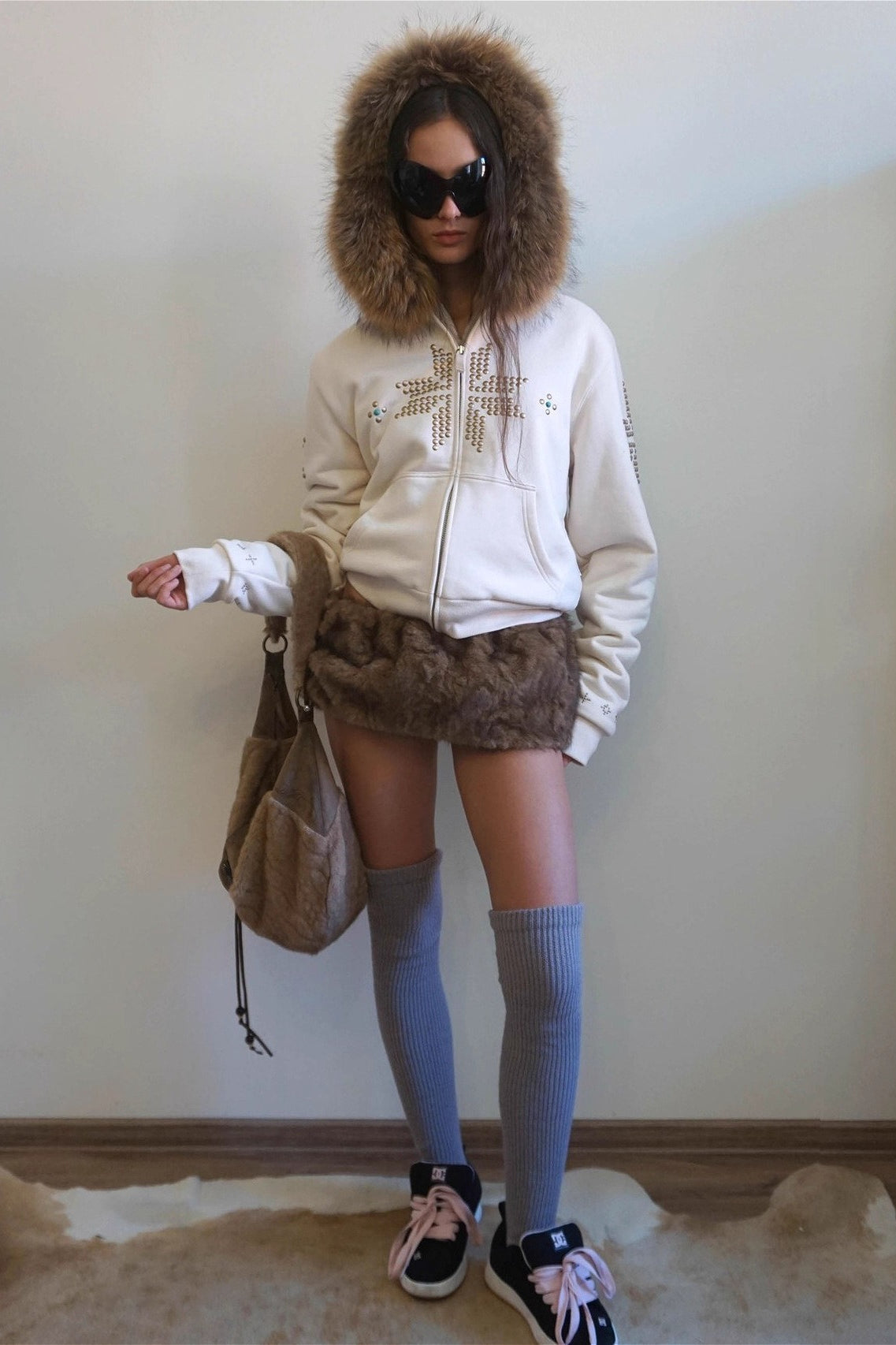 Rhinestone Cross Fur Trim Zip Hoodie Secondary image