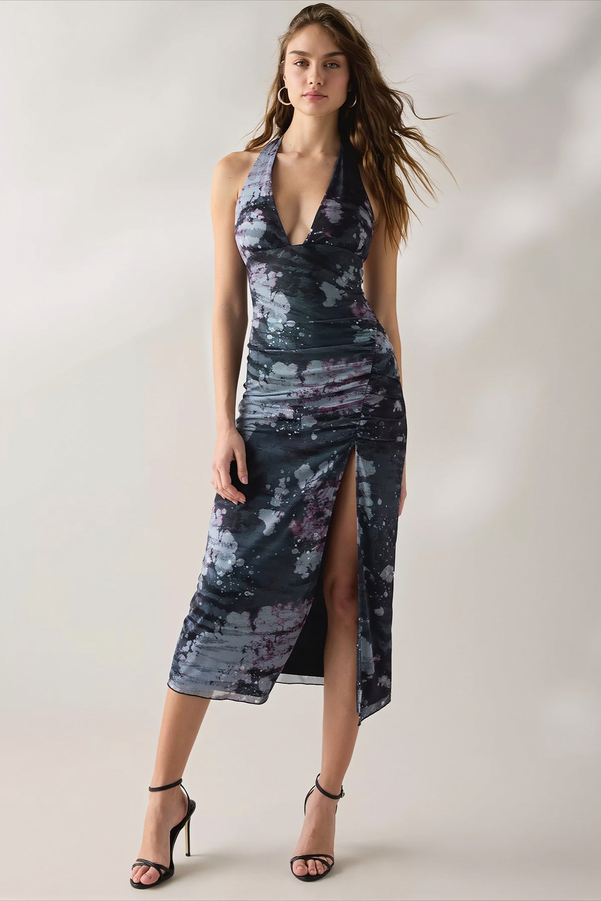 Printed Halter Ruched Side Slit Party Dress