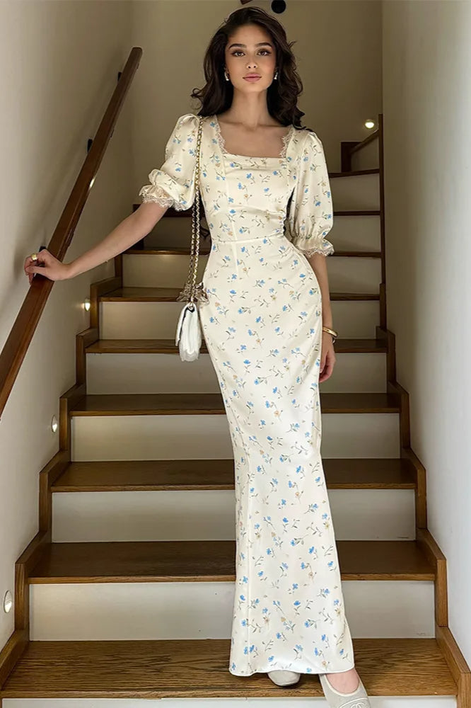 Satin Puff Sleeve Floral Dress Main image