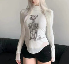 Skulls Print Mandarin Collar Sheer Top