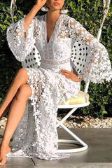 Sexy Backless Slim Lace Flare Maxi Boho Dress