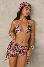 Leopard Print Halter Tie Three Piece Swim Set