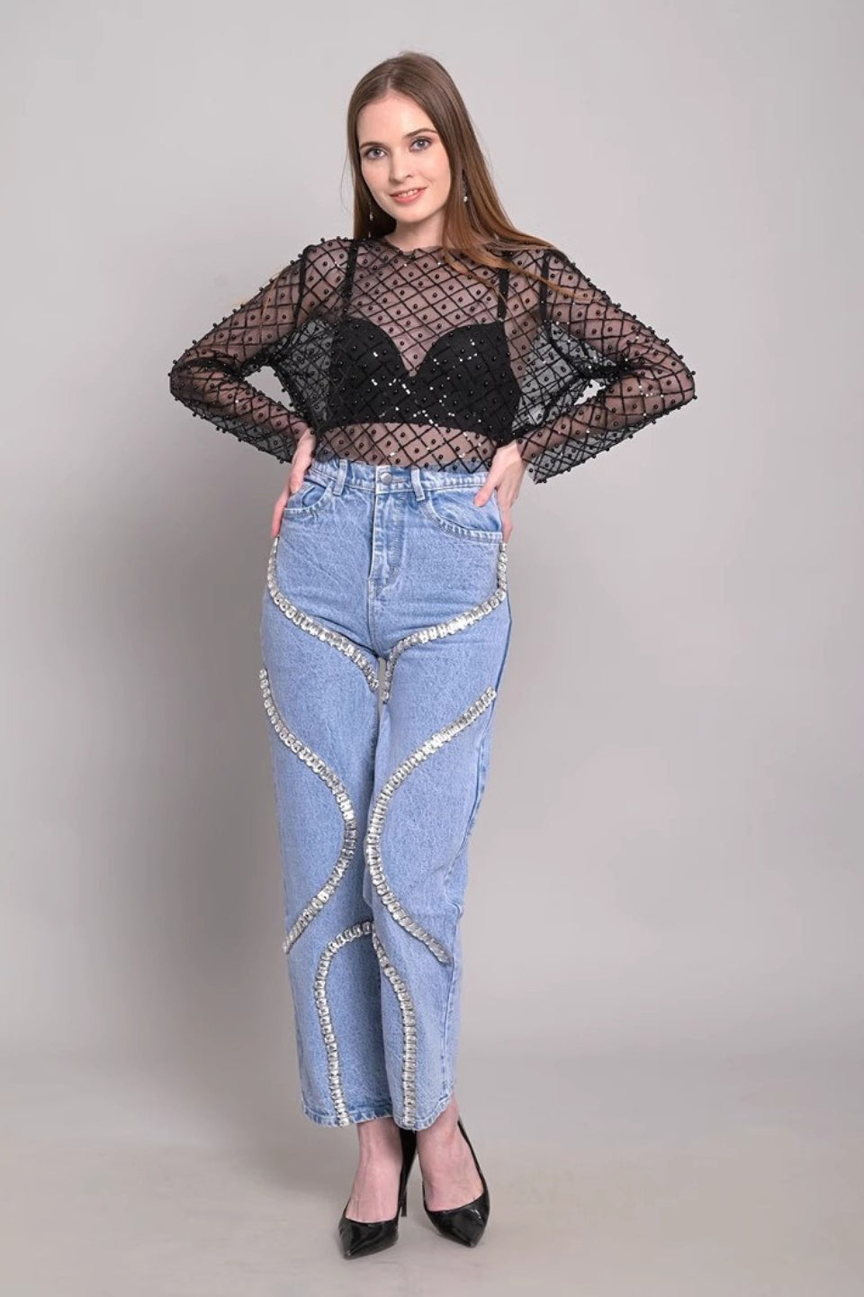 High Waist Rhinestone Panel Wide Leg Straight Jeans Main image