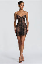 Strapless Lace Crochet High Waist A-Line Mini Lace Dress