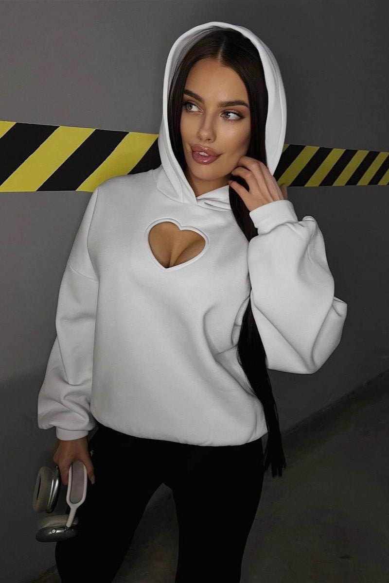 Solid Heart Cutout Long Sleeve Hoodie