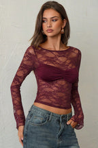 Ruched Bust Floral Lace Long Sleeved T-shirts