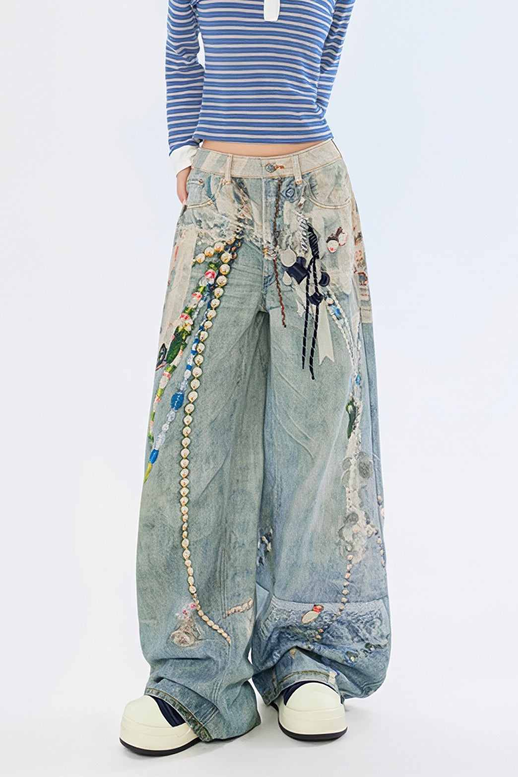 Chain Detail Splatter Print Wide Leg Jeans