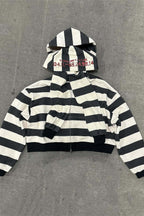 Black White Striped Cropped Zip Hoodie