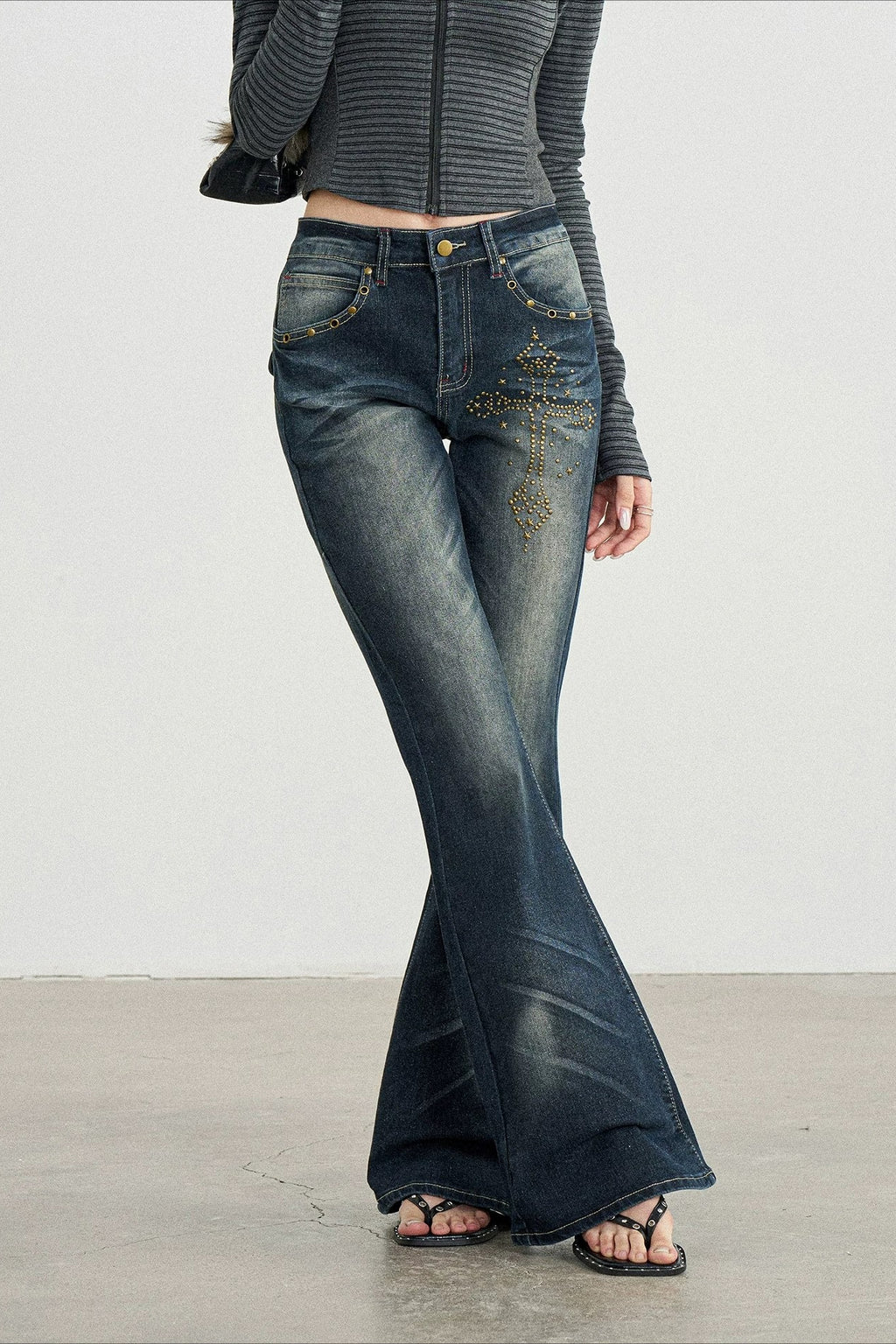 Rhinestone Cross Distressed Black Flare Jeans