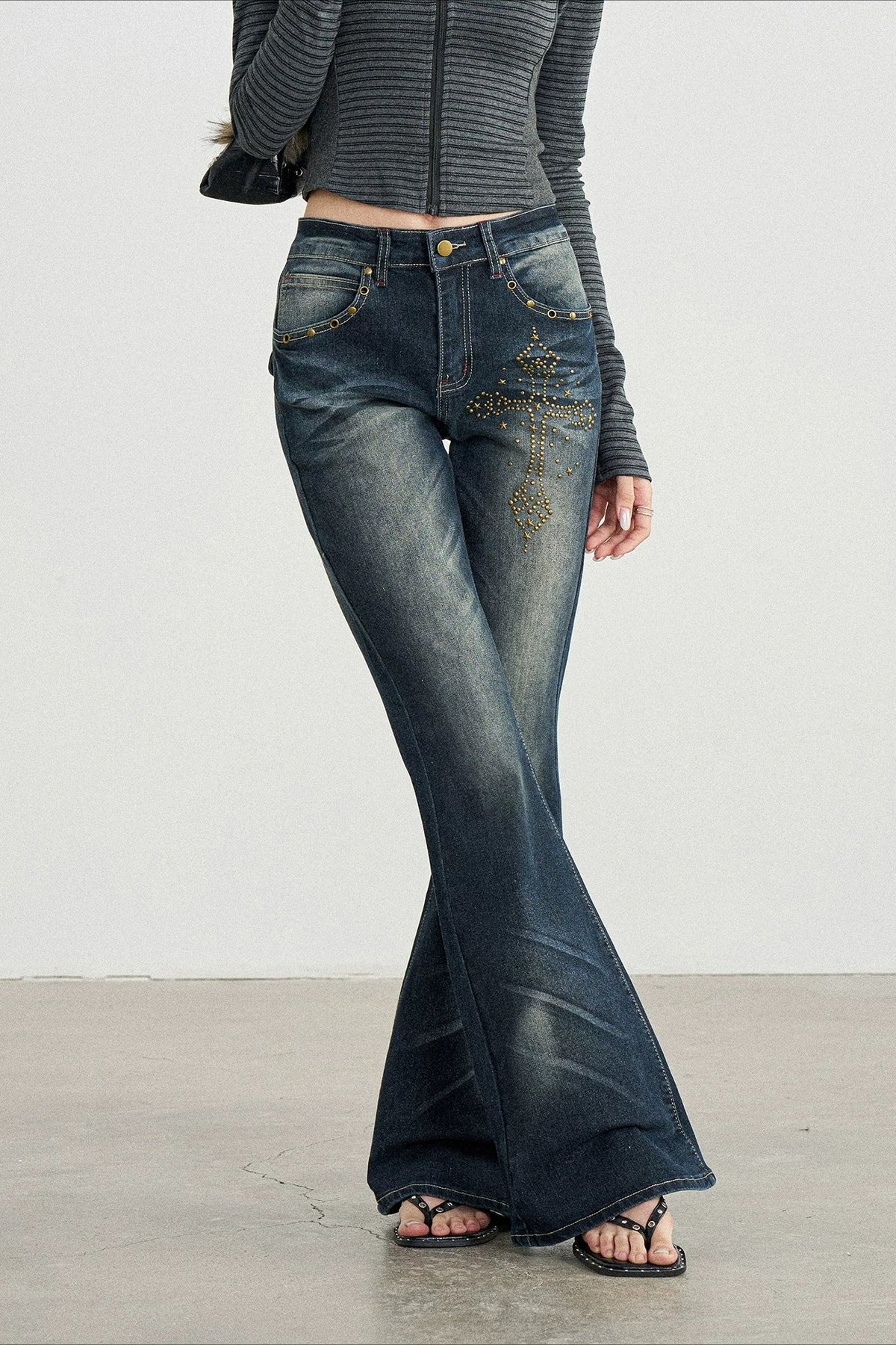Rhinestone Cross Distressed Black Flare Jeans