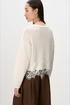 Lace Hem Crew Neck Cropped Knit Sweater