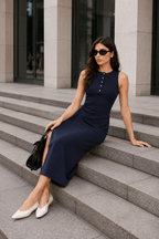 Twist Cinched Slit Sleeveless Chic Work Dress