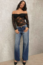 Off Shoulder Ruched Lace Long Sleeved T-shirts