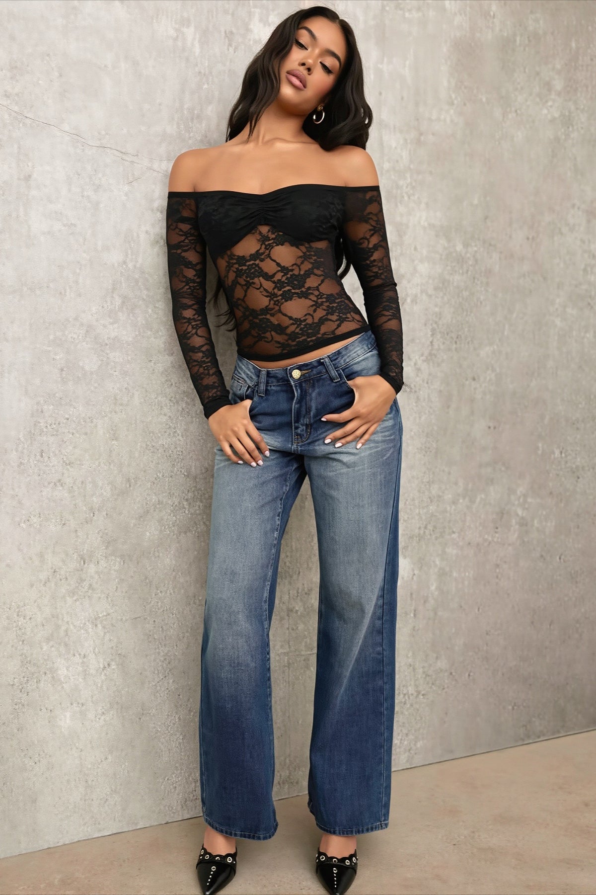 Off Shoulder Ruched Lace Long Sleeved T-shirts