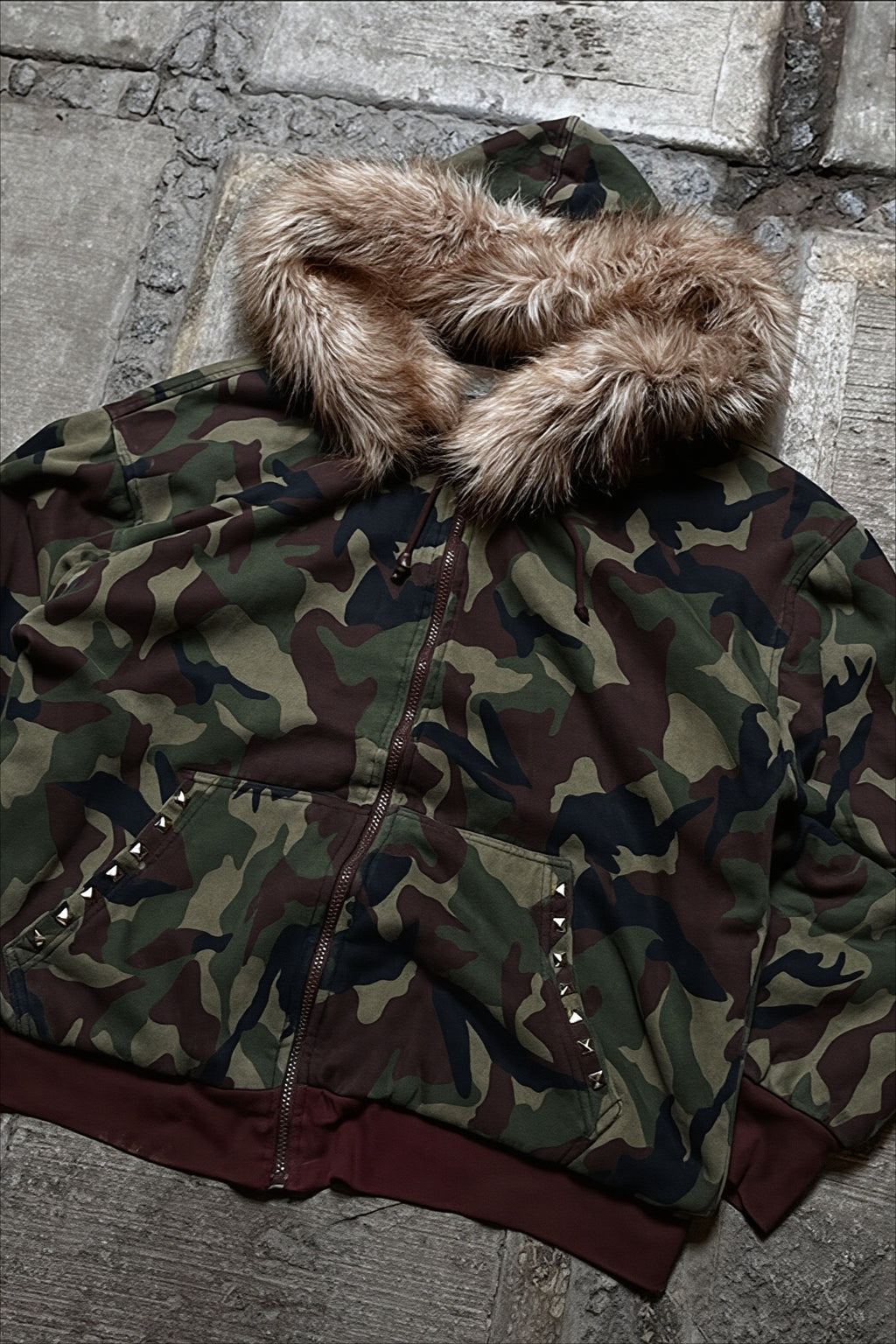 Camo Fur Trim Oversized Zip Hoodie