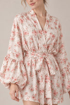 Satin Floral Print Puff Tie A Line Mini Dress