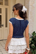 Navy Polka Dot Lace Trim Fitted Crop Top