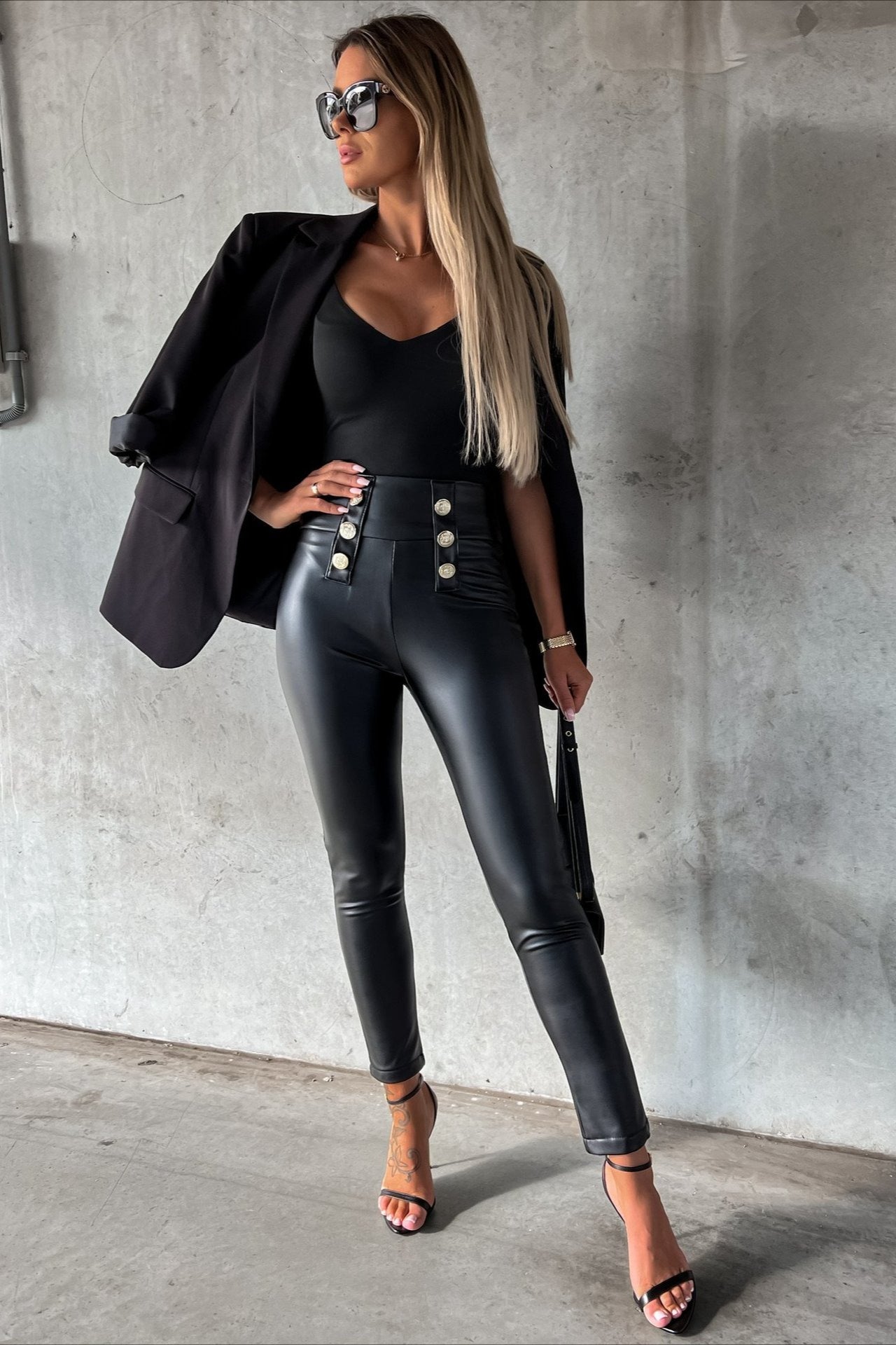 Buttoned PU Slim Fit  Tight Casual Fashion Pants Secondary image