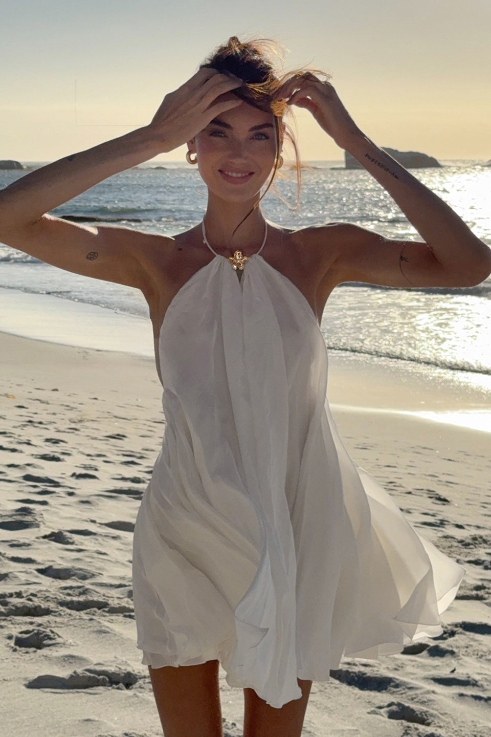 Solid Floral Buckle Halter Fitted Mini Dress