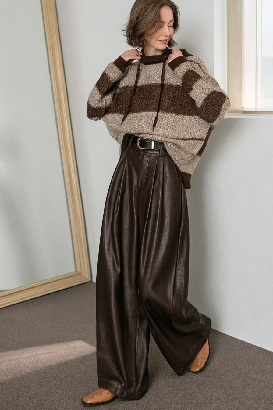 Vintage Brown Fleece Lined PU Pleated Wide Leg Pants