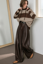 Vintage Brown Fleece Lined PU Pleated Wide Leg Pants
