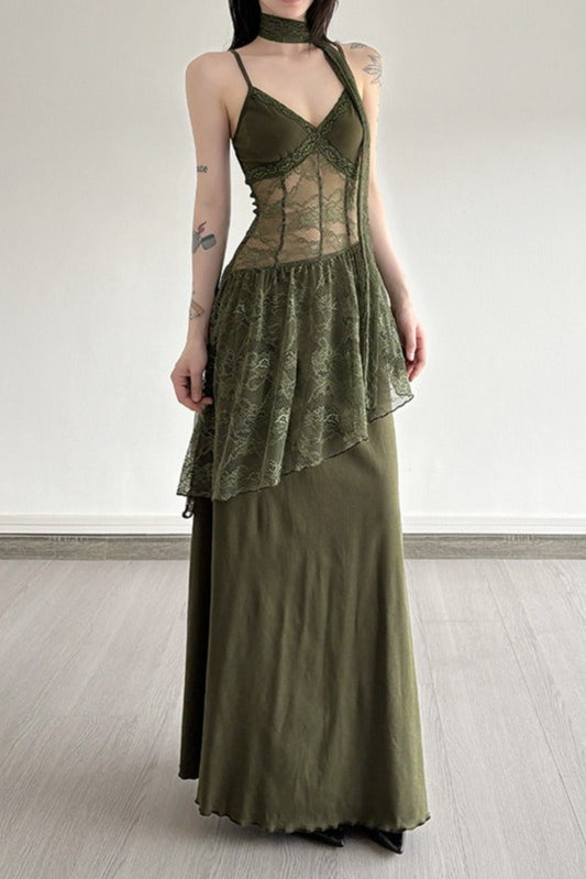 Lace Trim Sheer Waist Tie Cami Maxi Lace Dress Main image