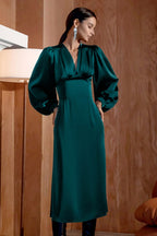 Luxury Satin Puff Sleeve Red Mermaid Midi Formal Dress