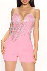 Rhinestone Deep V Fringe Tube Party Short Jumpsuit