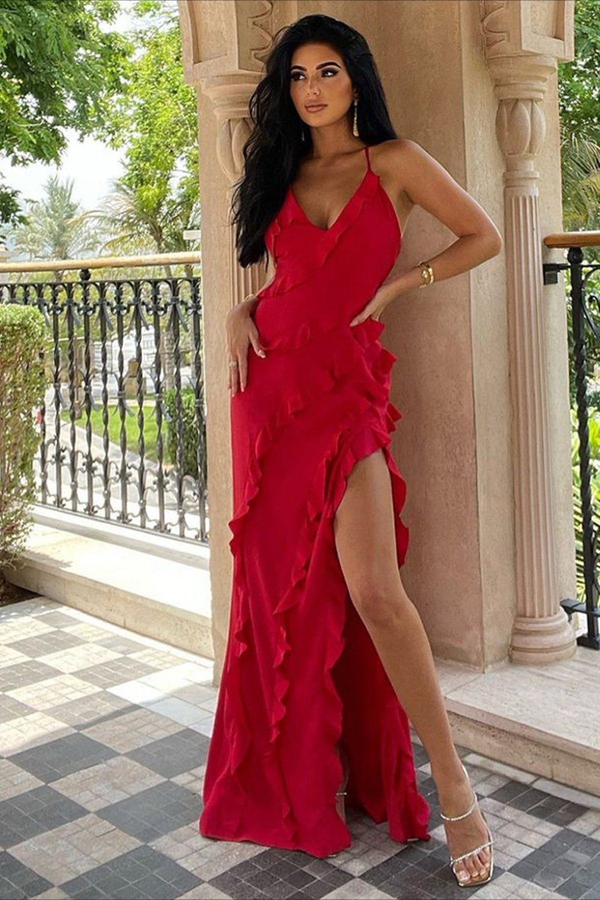 Strappy Ruffle Low-Back Party Dress