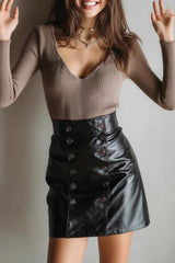 Double Breasted PU Leather Bodycon Skirt