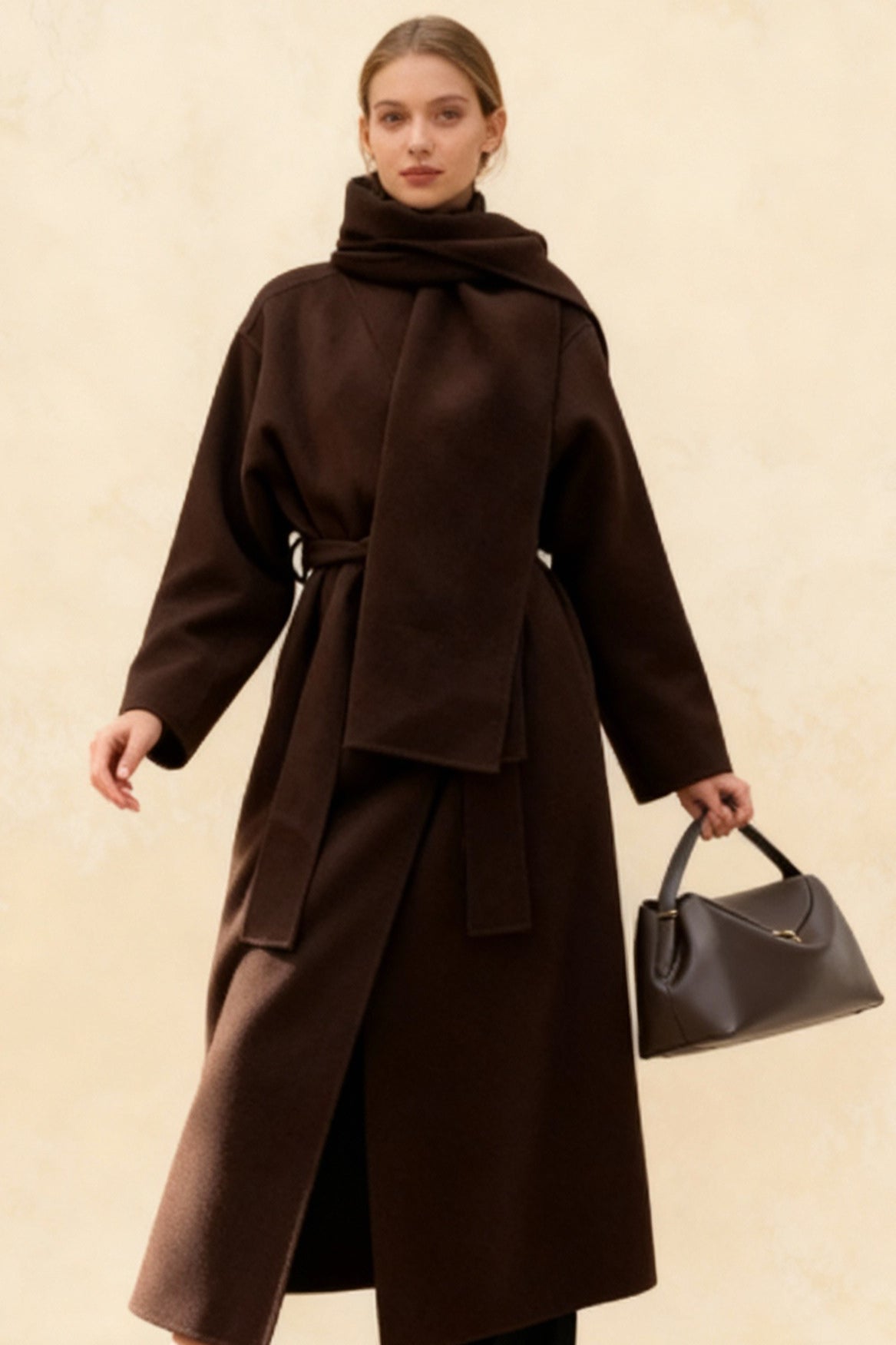Women's Scarf Collar Woolen Belted Overcoat Main image