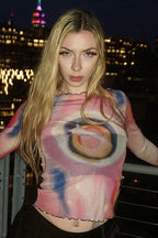 Abstract Circle Sheer Long Sleeve Crop T-Shirt