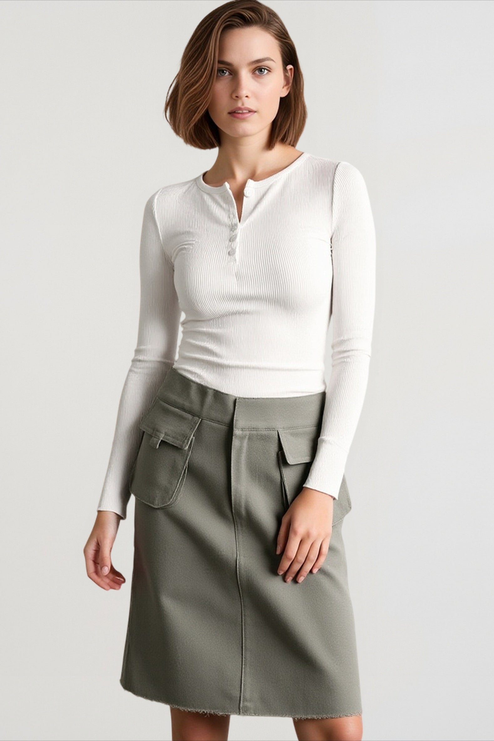 Spring Autumn Knitted Long Sleeve Solid Color Buttons Up Ribbed V-neck Streetwear T-shirts Main image