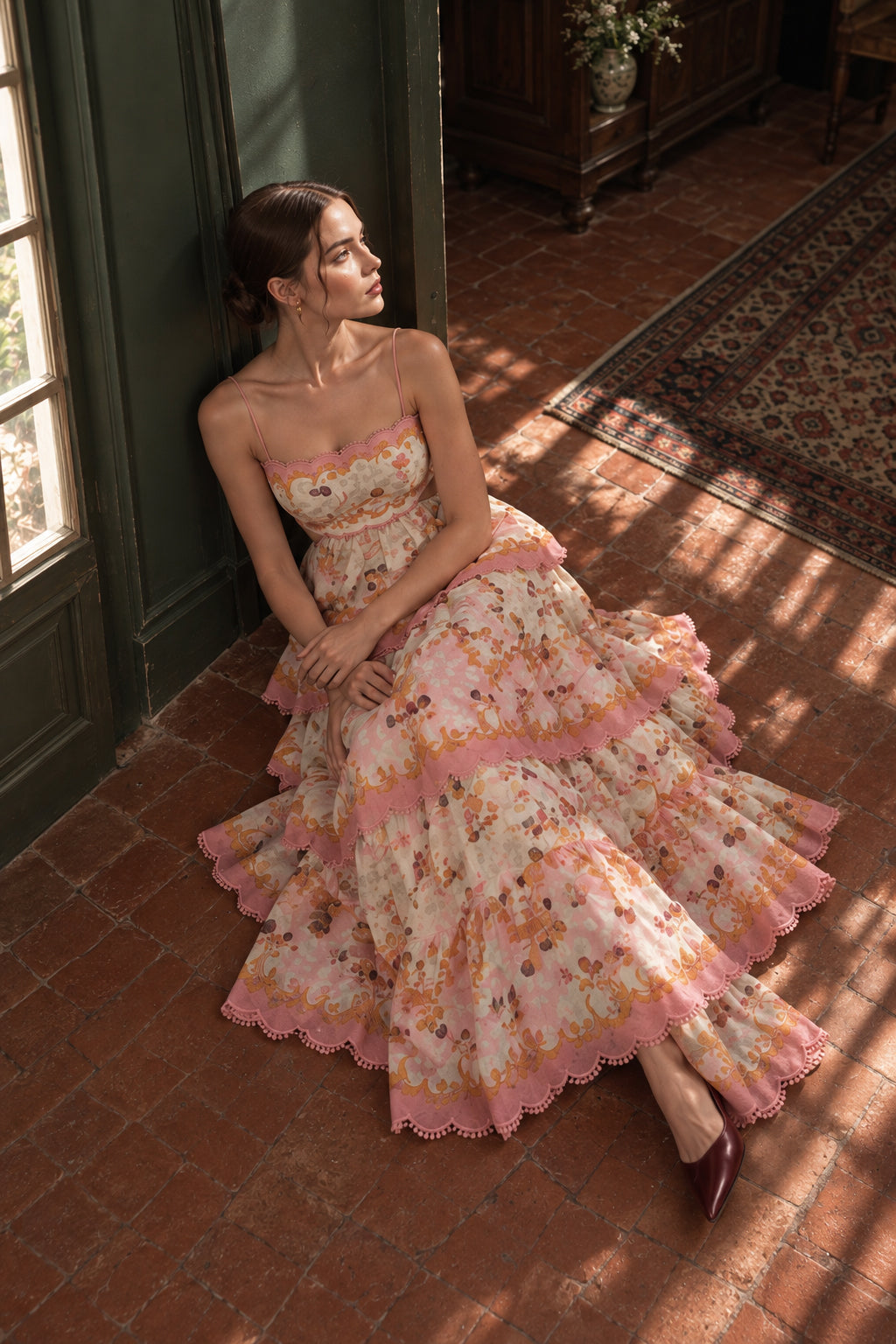 Fashion Tiered Spaghetti Strap Tassel Cutout Waist Embroidered Maxi Dress