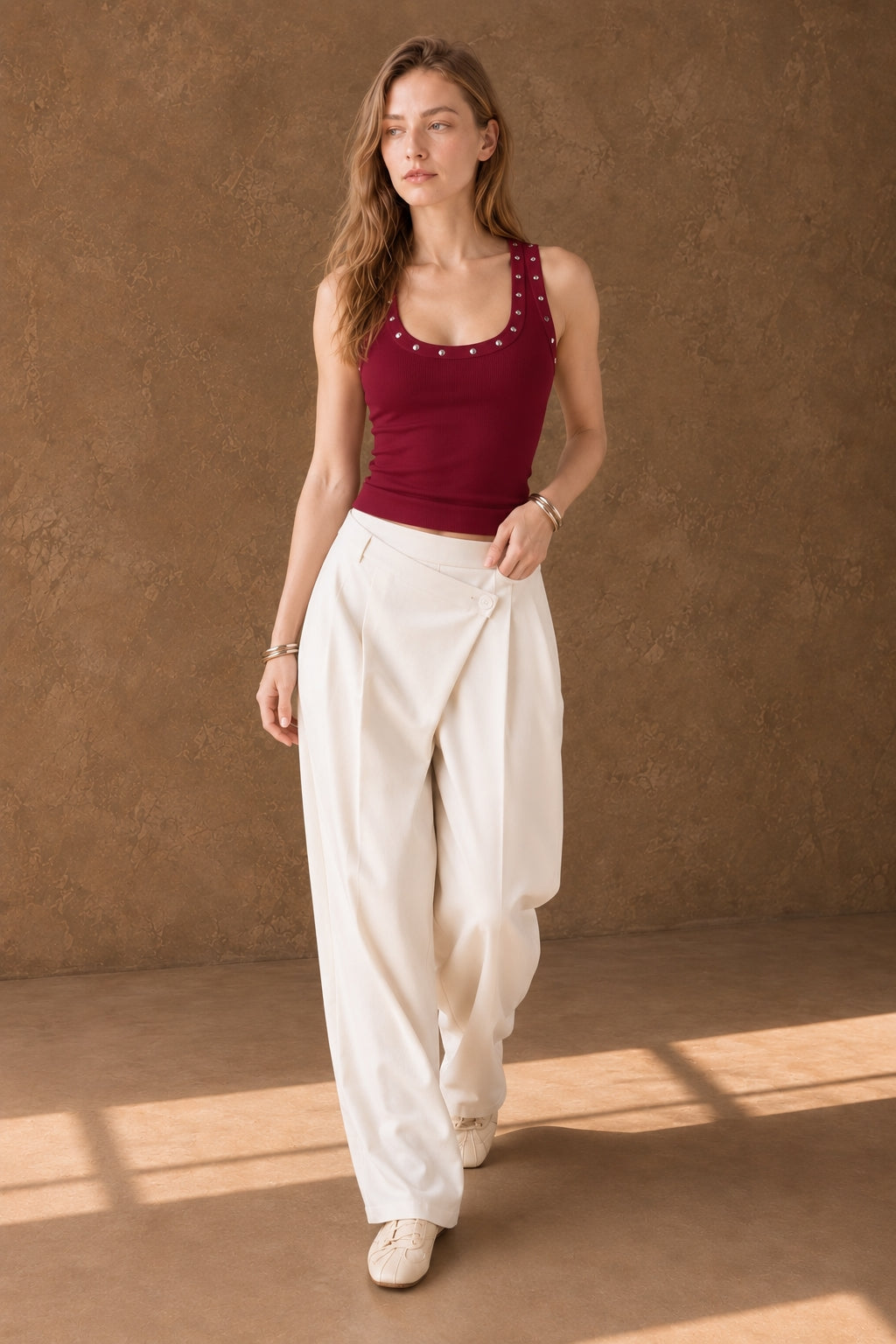 Waist Defined Rhinestone Drilled Sleeveless Tank Top