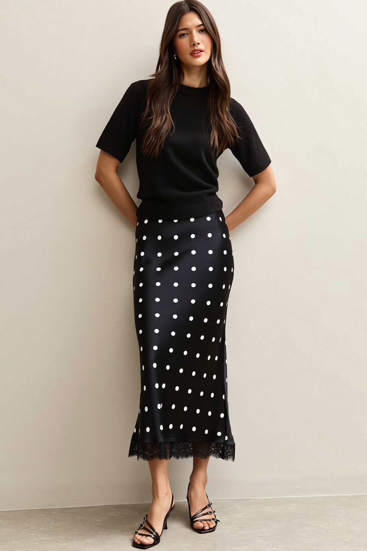Polka Dot Lace Trim Column Midi Skirt