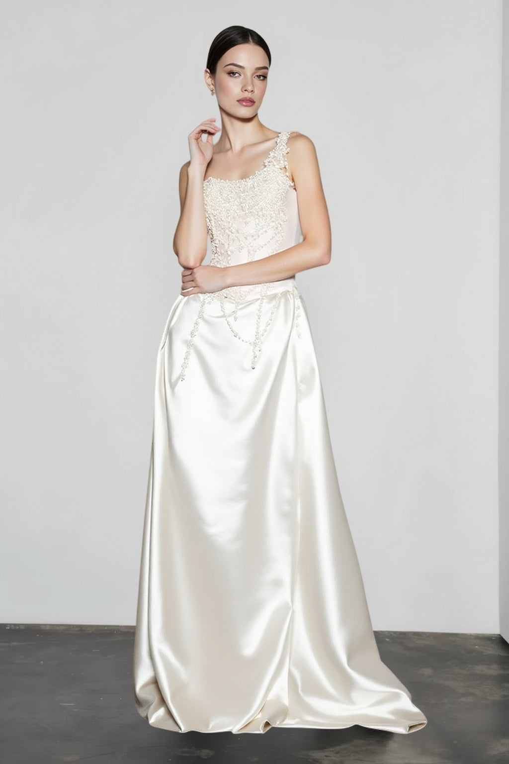 French Strapless Satin Pearl Prom Dress