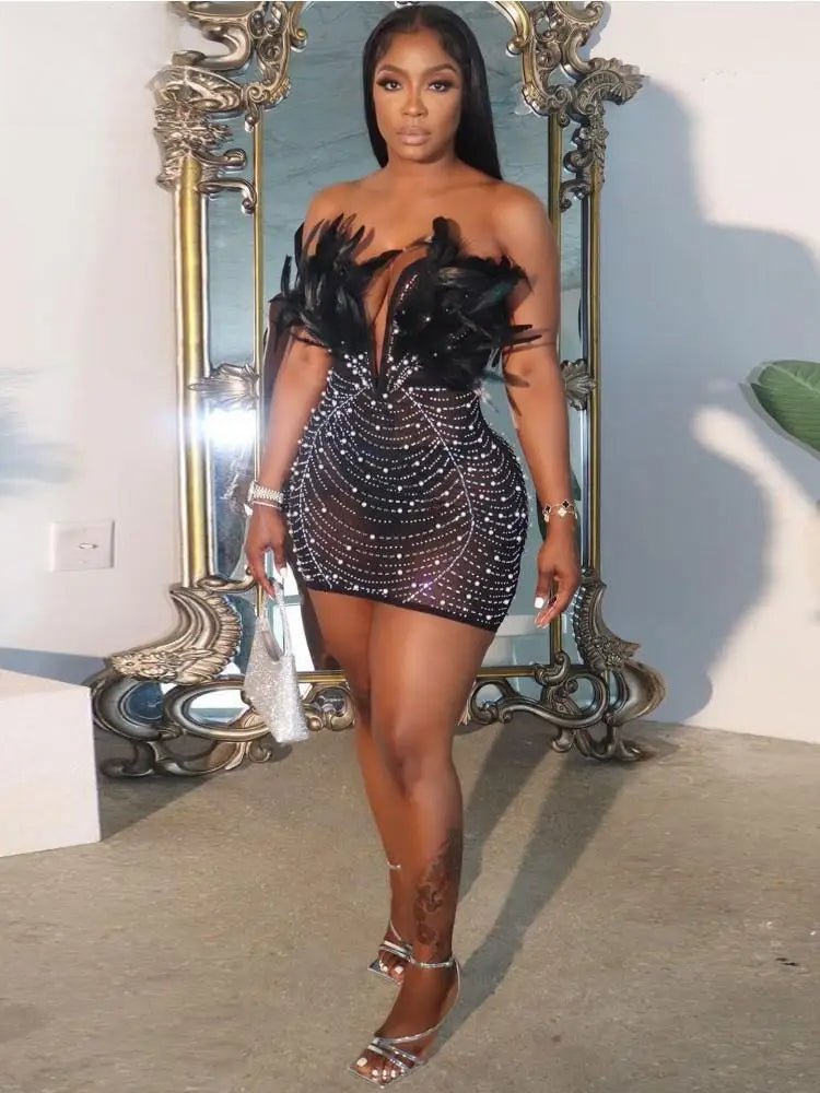 Feather Strapless V Neck Mesh Party Dress Main image