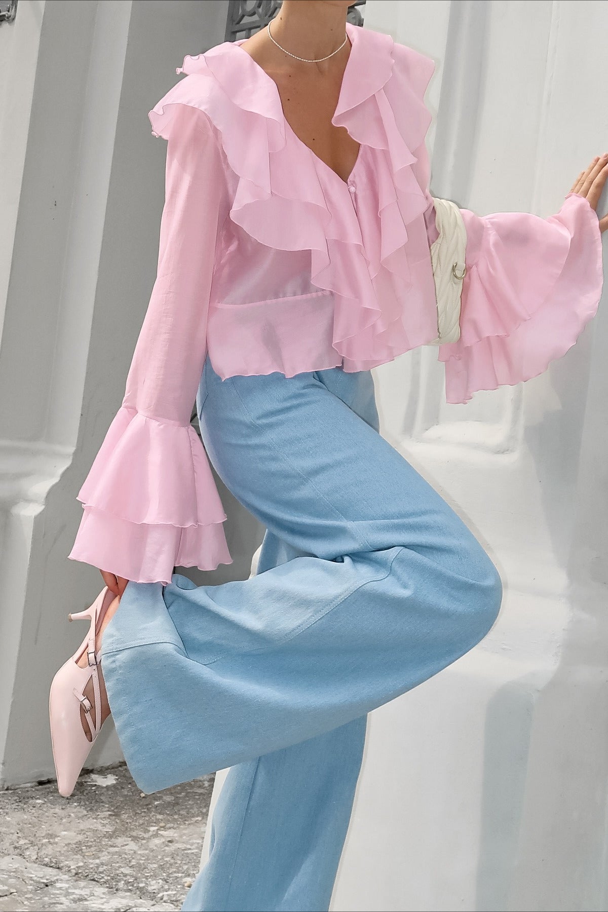 Chiffon Flare Sleeve Cropped Blouse Main image