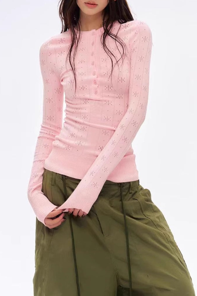 Retro Open Knit Henley Long Sleeve Top Secondary image