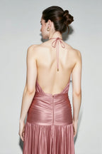 Metallic Pleated Slit Tie Halter Sleeveless Formal Dress